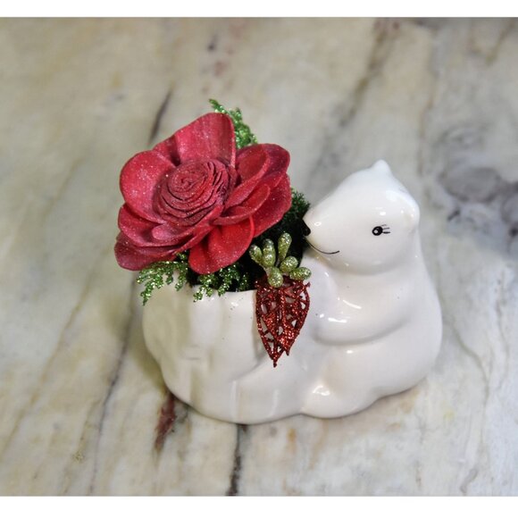 Small ceramic polar bear planter w/Sola sparkling red flower & festive fillers - Picture 6 of 6